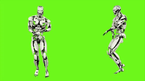 Robot android is dancing hip hop. Realistic looped motion on green screen background. 3D Rendering.