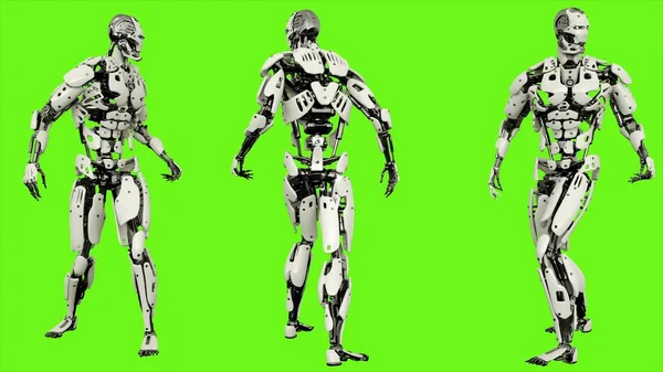 Robot android look back. Realistic motion on green screen. 3D Rendering.
