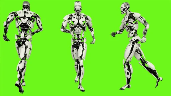 Robot android running. Realistic motion on green screen. 3D Rendering.