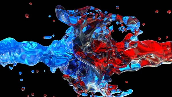 Color paint drops in slow motion. Cloud of paint collision isolated on black background. Close up view. 3D Rendering.