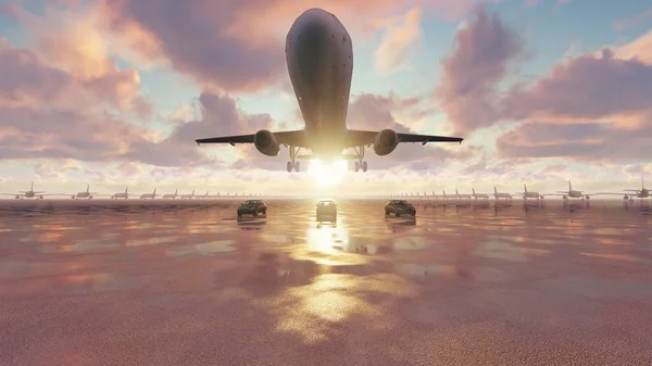 The plane takes off at sunrise accompanied by business cars. 3D Rendering