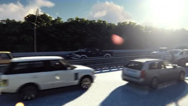 Tagsüber dichter Verkehr in der Stadt. Autos, die morgens in die Stadt fahren. Realistische Animation.