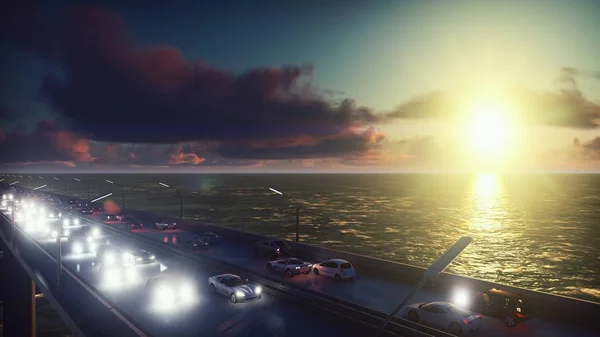 The camera flies over the bridge with heavy traffic. Cars with lights on go on the bridge at sunrise. 3D Rendering