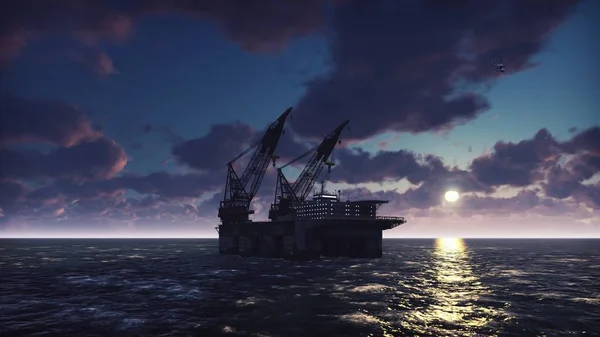 Oil platform, offshore platform, or offshore drilling rig in sea at sunrise. 3D Rendering