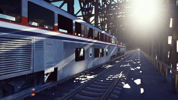 High speed train, the train passes on the railway bridge at sunrise. Public transport railway passenger train.3D Rendering