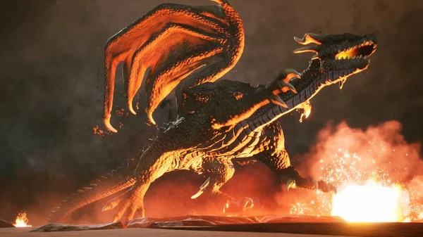 A big angry dragon in the desert is fighting off its enemies. 3D Rendering