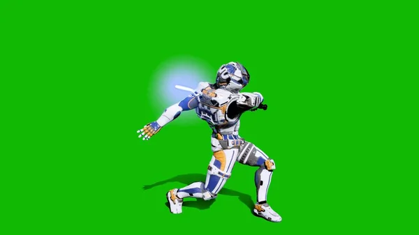 Astronaut-soldier of the future fighting with a lightsaber in front of a green screen. 3D Rendering