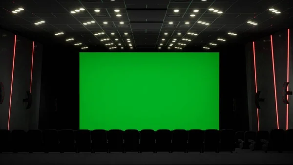 Cinema interior of movie theatre with blank movie theater screen with green screen and empty seats. Movie entertainment concept. 3D Rendering