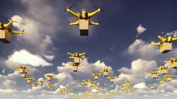 Autonomous delivery of parcels by unmanned drones-quadrocopters flying on a Sunny day. 3D Rendering