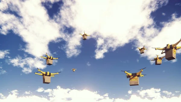 Autonomous delivery of parcels by unmanned drones-quadrocopters flying on a Sunny day. 3D Rendering