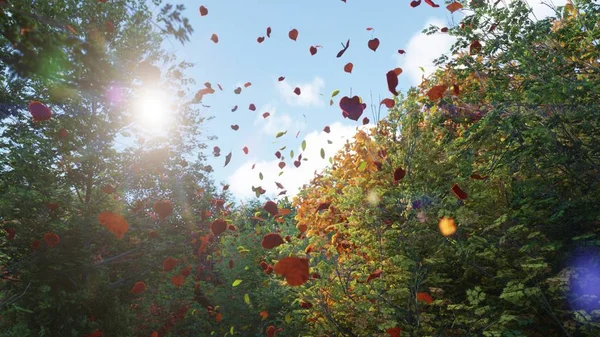 Autumn leaves fall from trees in autumn Park. Autumn colorful Park on a Sunny day. 3D Rendering