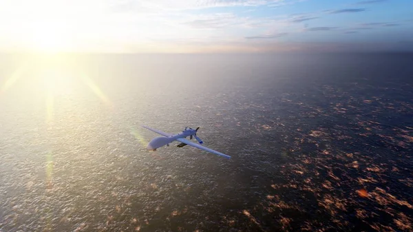 Military drone flies over the ocean at sunrise. The concept of military weapons. 3D Rendering