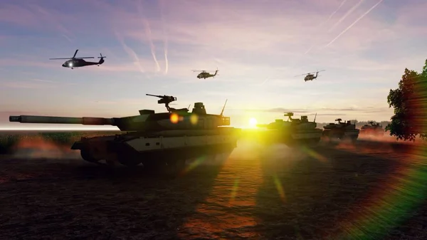 Military tanks and military helicopters move at sunset on the battlefield. 3D Rendering