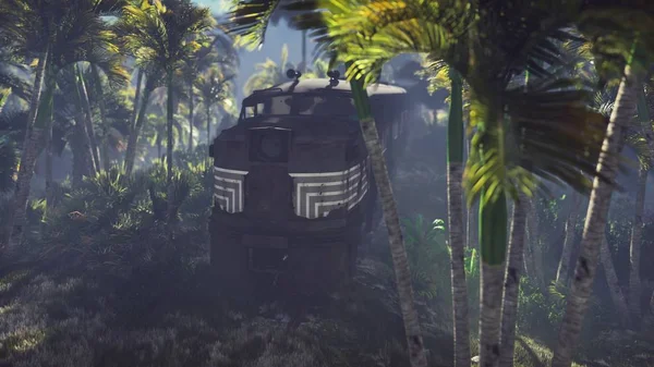 Wrecked train lies in the jungle in the middle of palm trees and tropical vegetation. 3D Rendering