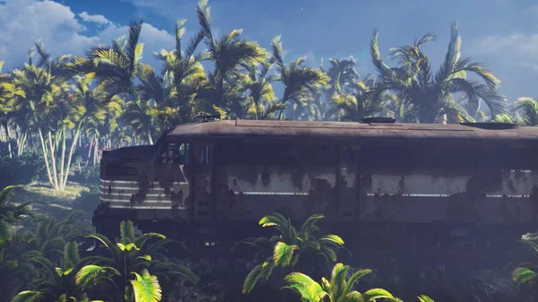 Wrecked train lies in the jungle in the middle of palm trees and tropical vegetation. 3D Rendering