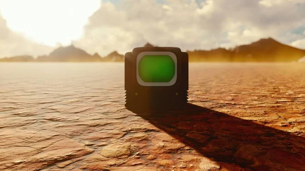 Vintage TV with green screen in the middle of the Apocalyptic desert. Post-Apocalypse, global warming, climate change, hot dusty desert. 3D Rendering