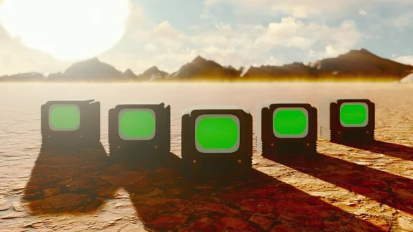 Vintage TV with green screen in the middle of the Apocalyptic desert. Post-Apocalypse, global warming, climate change, hot dusty desert. 3D Rendering