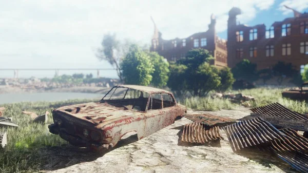 An abandoned desolate land. A wasteland of rusty abandoned cars and abandoned houses. Piles of technological rusty and dusty debris. The concept of the Apocalypse. 3D Rendering