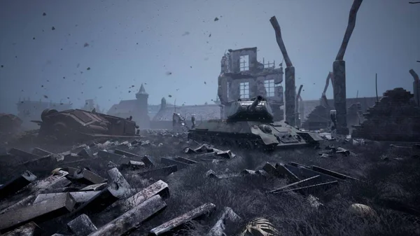 Military tanks from the second world war lie smashed on the battlefield next to human remains and the ruins of houses. The concept of war and the Apocalypse. 3D Rendering