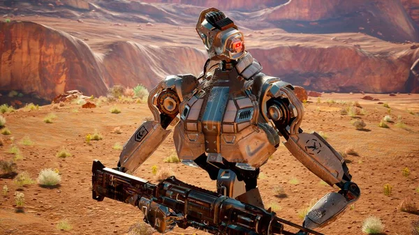 Military robot-android in the desert surveys the territory. 3D Rendering.