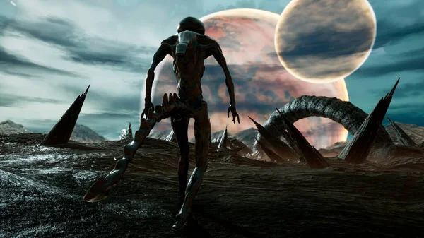 An alien walks on his amazing planet. Landscape of an creepy alien planet in the lost space. 3D Rendering.