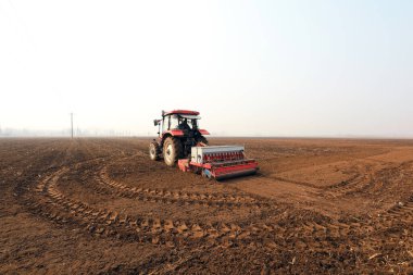 LUANNAN COUNTY, Hebei Eyaleti, Çin - 9 Mart 2021: Çiftçiler uzak diyarlarda bezelye yetiştirmek için ekicileri sürüyorlar