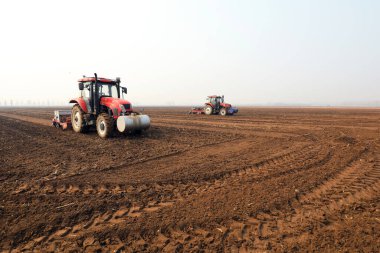 LUANNAN COUNTY, Hebei Eyaleti, Çin - 9 Mart 2021: Çiftçiler uzak diyarlarda bezelye yetiştirmek için ekicileri sürüyorlar