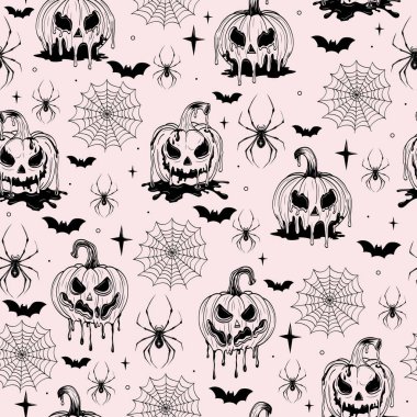 Şirin Kusursuz Cadılar Bayramı Şablonu Ürkütücü Kabaklar, Örümcekler, Ağlar, Yarasalar ve Yıldızlarla