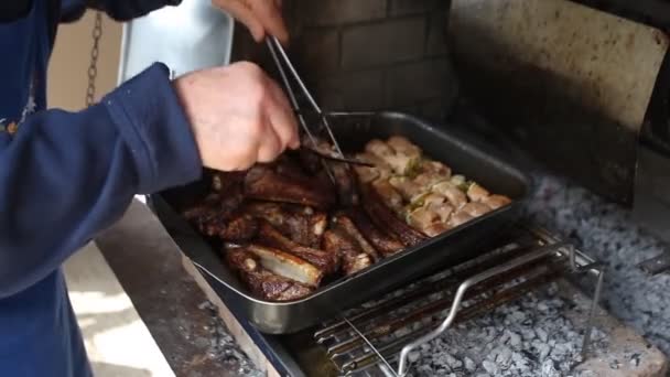 Cooking of grilled pork — Stock Video