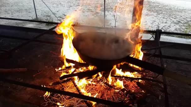 Ångande kastanjer kokta över elden — Stockvideo