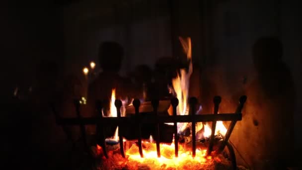 Hout brandend op de grill van een open haard — Stockvideo