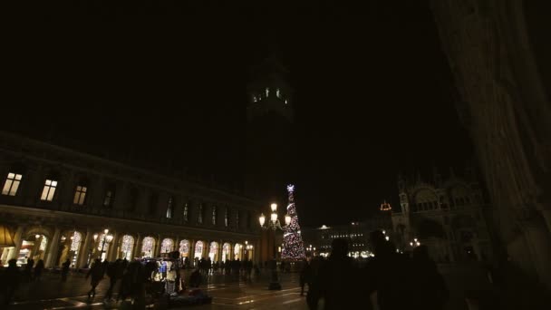 夜のサン・マルコ広場のクリスマスツリーと鐘楼 — ストック動画