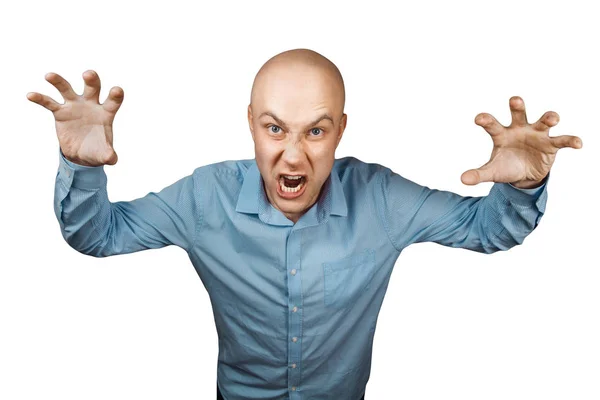 Portrait of angry bald man aggressive thug threatens. Concept portrait of a dangerous criminal guy in a blue shirt on an isolated white background — Stock Photo, Image