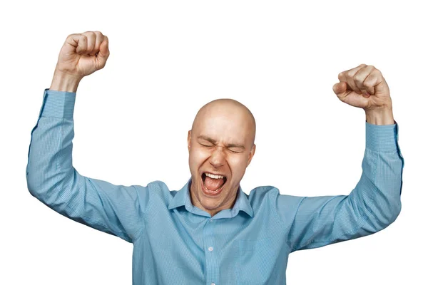 Retrato Hombre calvo blanco en camisa azul sobre fondo blanco aislado mostrando pulgares hacia arriba y sonriendo —  Fotos de Stock