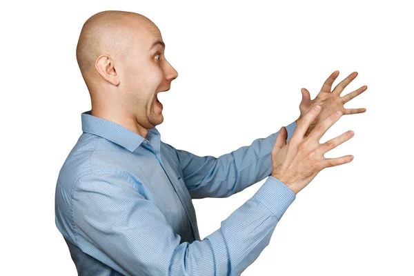 Portrait angry dangerous bald man trying to watch and scare on white isolated background Stock Image