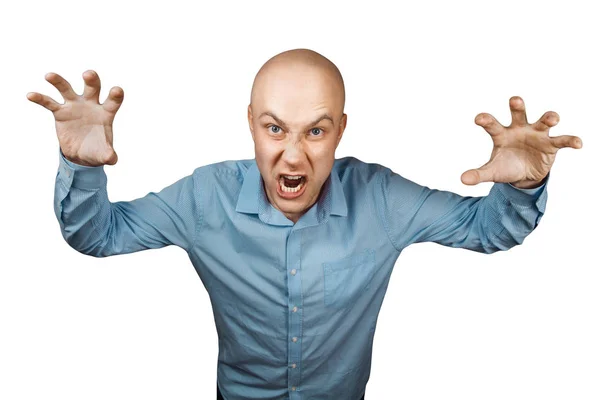 Portrait of angry bald man aggressive thug threatens. Concept portrait of a dangerous criminal guy in a blue shirt on an isolated white background Stock Picture