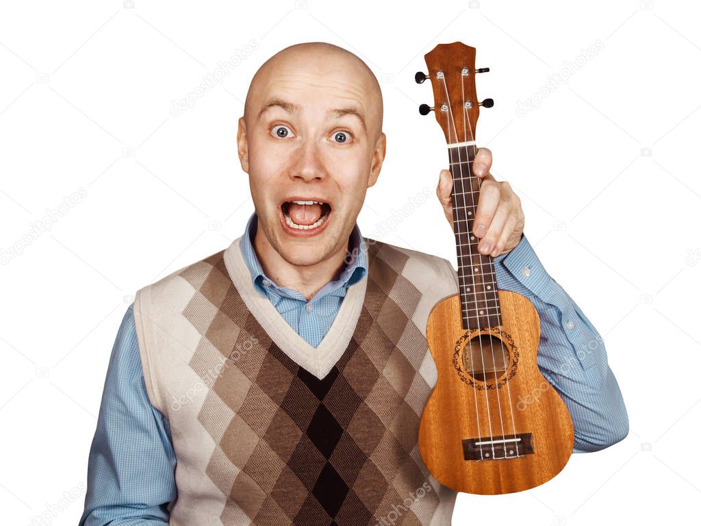 Portrait Bald man with ukulele on white isolated background