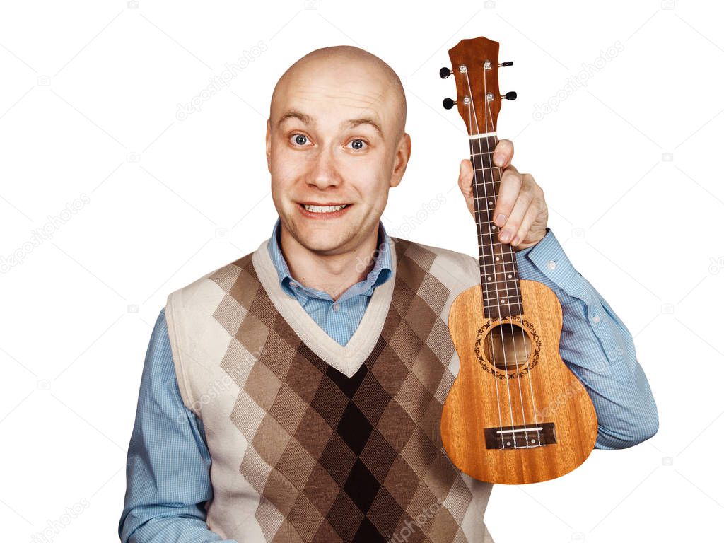 Portrait Bald man with ukulele on white isolated background