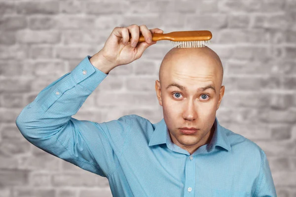 Portrait of a bald guy in a blue shirt holding a comb in his hands on brick wall white background. The concept of hair loss and hair transplantation