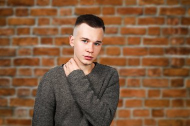 Portrait of white yong guy in gray sweater and short haircut, on brick wall background clipart