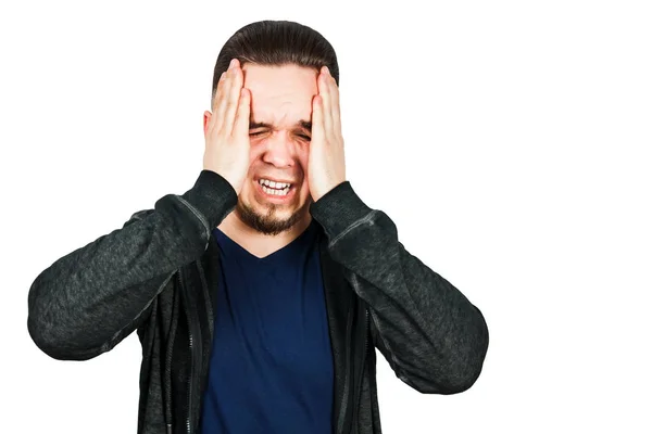 Man taking antibiotic, antidepressant, pill medication to relieve pain at home. Young guy sick, ill suffering from headache, stress or flu, emergency treatment concept on an isolated white background — Stock Photo, Image