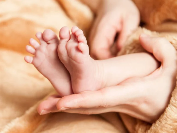 Legs newborn baby in the hands of his parents — Stock Photo, Image