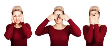 Güzel genç kadının yakın kulakları ve gözleri portresi. Beyaz arka planda yalıtılmış