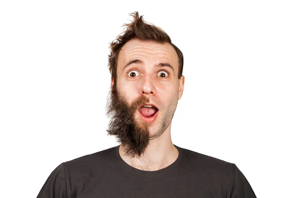 Homem com barba meio raspada surpreendido com olhos largos. Isolado sobre fundo branco — Fotografia de Stock