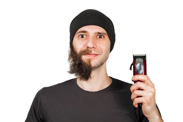 Um jovem de chapéu com metade da barba rapada. Isolado sobre fundo branco . — Fotografia de Stock