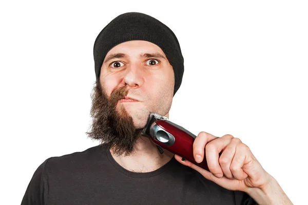 Fiatal fickó kalapban félig leborotválta a szakállát. Fehér alapon elszigetelve. — Stock Fotó