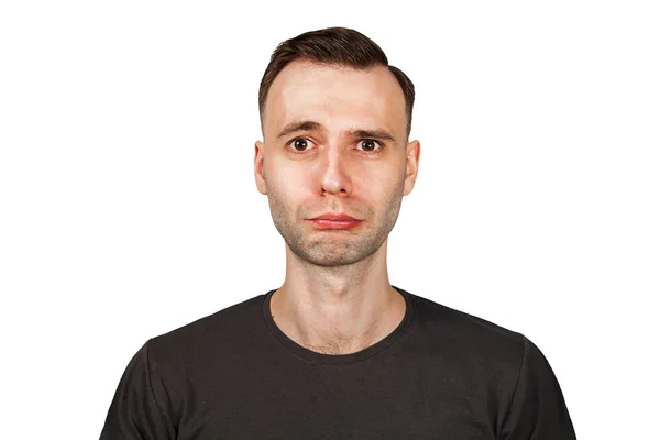 Δυστυχισμένος, λυπημένος νέος άνθρωπος απομονωμένος σε λευκό φόντο — Φωτογραφία Αρχείου