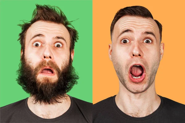 Egy szakállas, szakáll nélküli fiatalember. Férfi borotválkozás előtt és után. — Stock Fotó