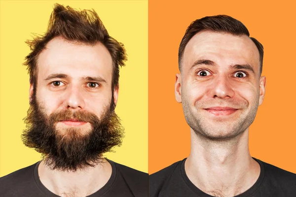 Jovem com barba e sem barba. Homem antes e depois da barba . — Fotografia de Stock