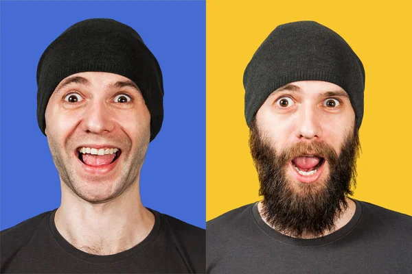 Un joven con barba y sin barba. Hombre antes y después de afeitarse . — Foto de Stock